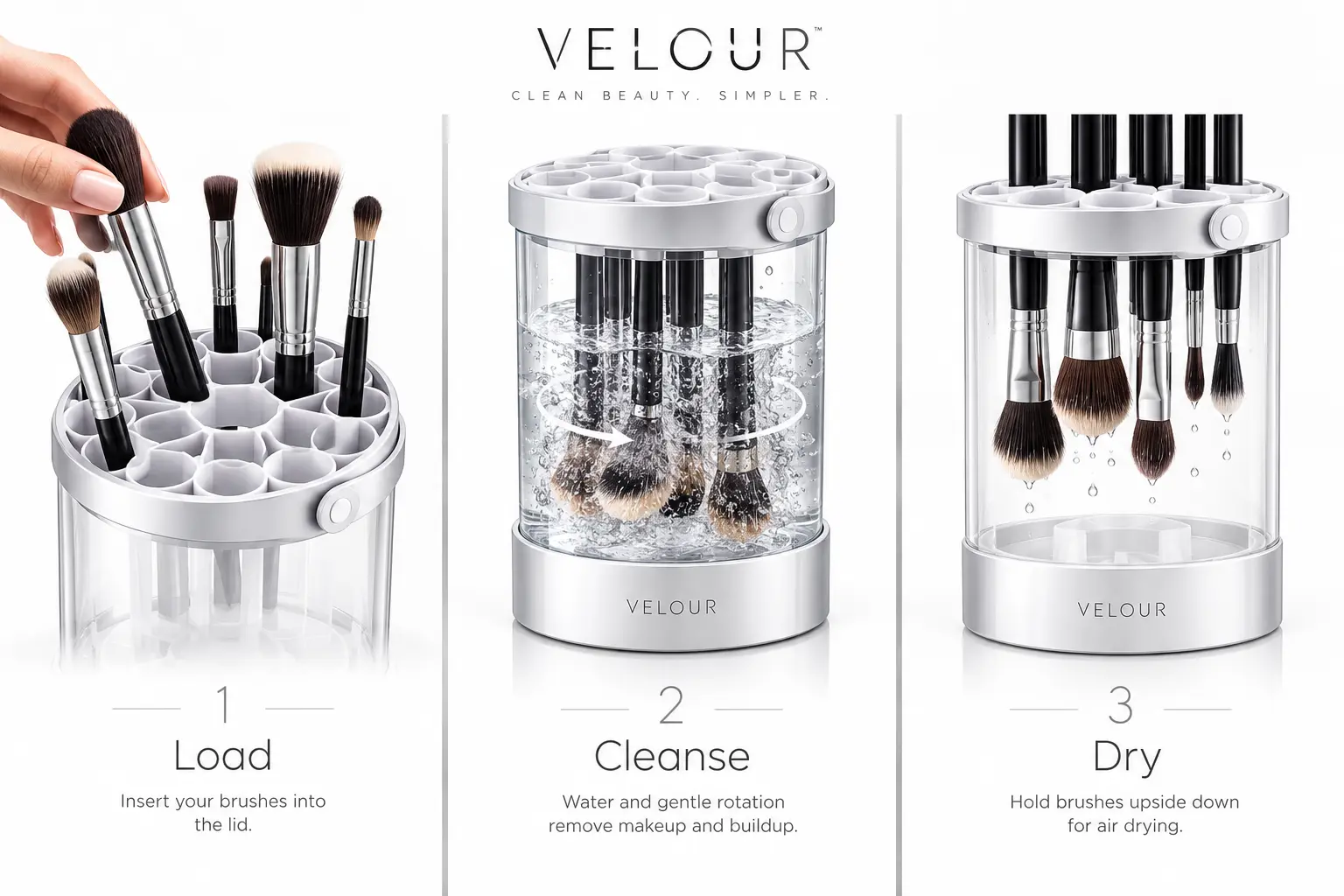 Three steps to load, cleanse and dry makeup brushes